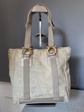 Salvatore Ferragamo Cream/Gold Logo Jacquard Tote with Gold Hardware